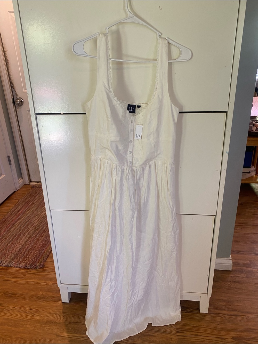 GAP White Sleeveless Maxi Dress lace trim cotton smocked back